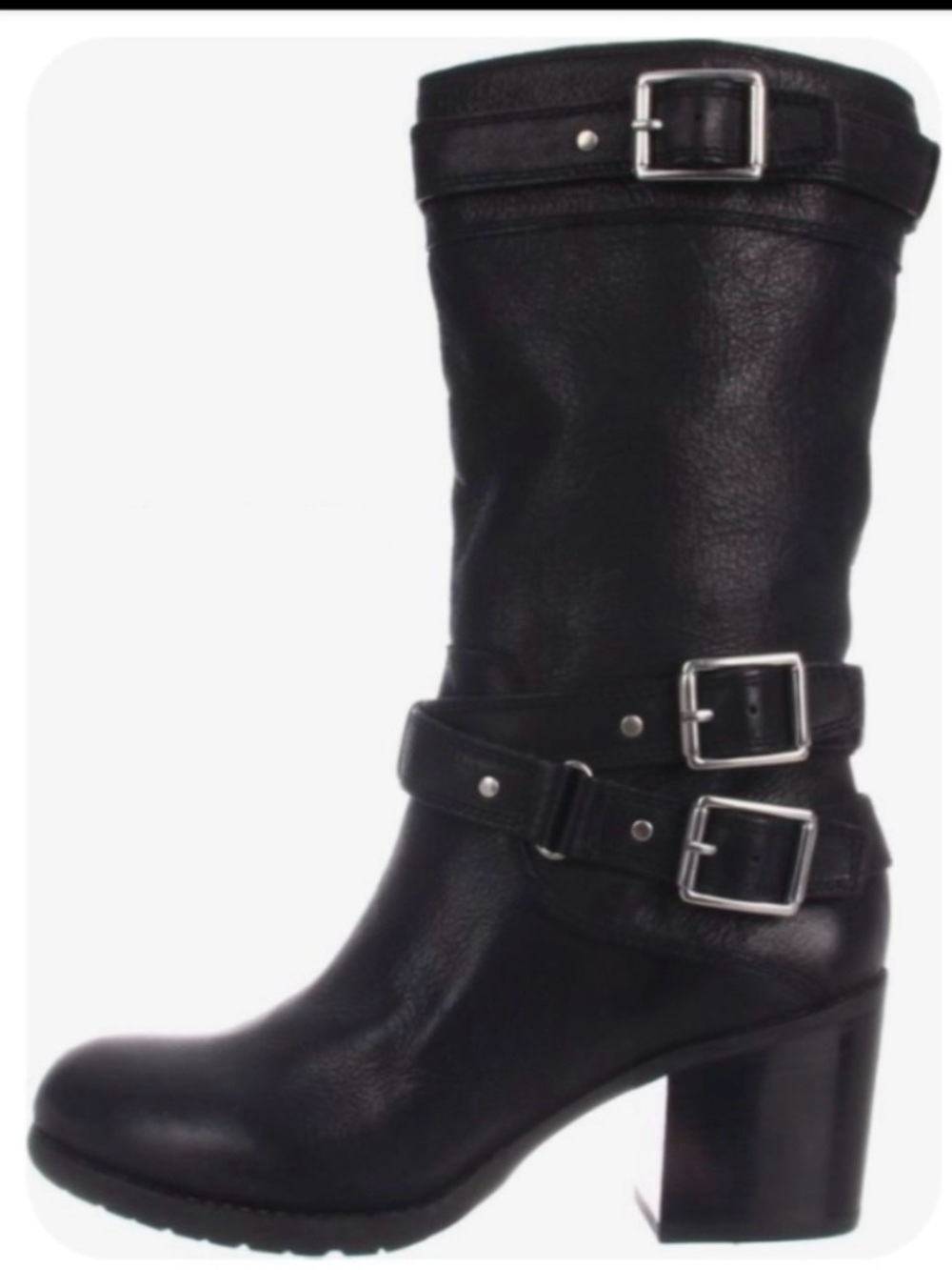 Black leather heeled buckled Moto Boots Size 9.5.  Worn once! New Condition